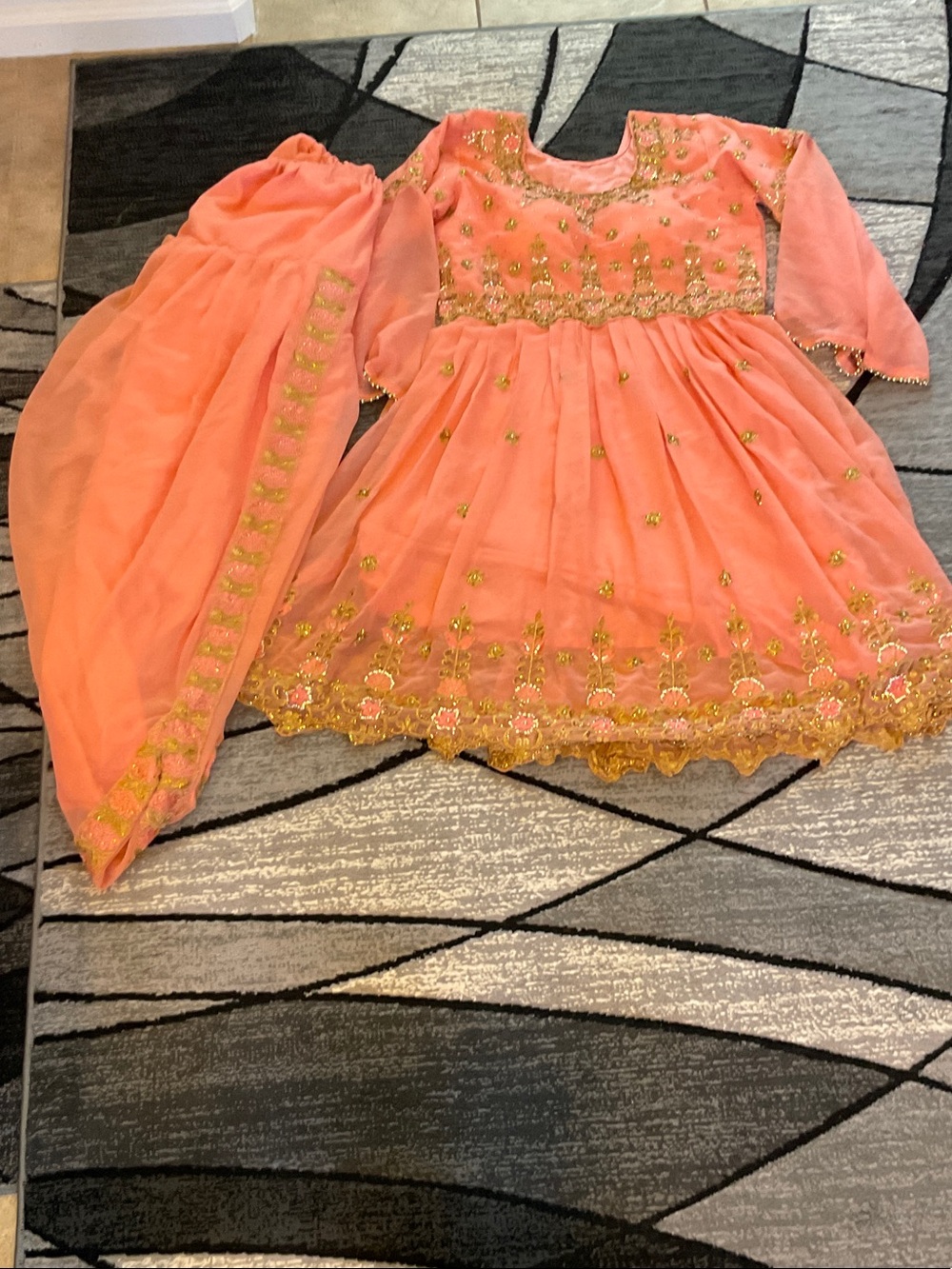 Peach Girls' Wedding Dress with Gold Embroidery